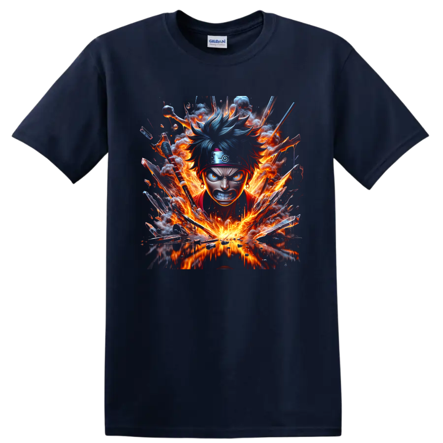 Naruto Uzumaki fiery anime ninja portrait with blue-toned hair and explosive battle art on a Navy (Blue) T Shirt