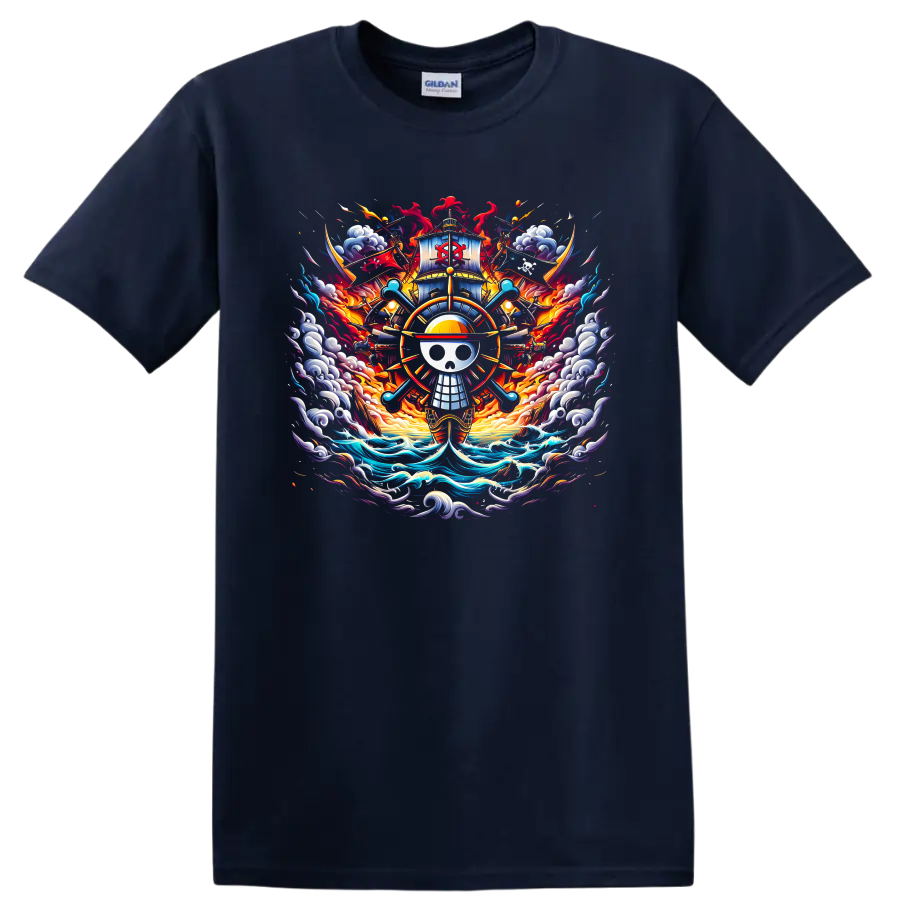 One Piece Straw Hat Pirates skull emblem with ship, waves, and fiery anime art on a Navy (Blue) T Shirt