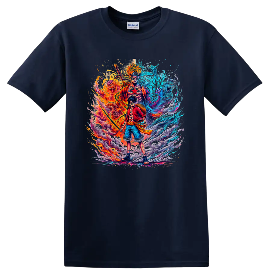 Monkey D. Luffy and Naruto Uzumaki fire and water anime graphic art on a Navy (Blue) T Shirt