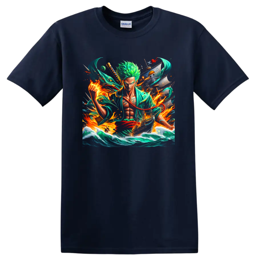 Roronoa Zoro anime swordsman with pirate ship, ocean waves, and fiery energy on a Navy (Blue) T Shirt