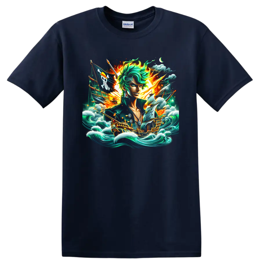 Roronoa Zoro anime fantasy art with pirate ships, ocean waves, clouds, and fiery light on a Navy (Blue) T Shirt