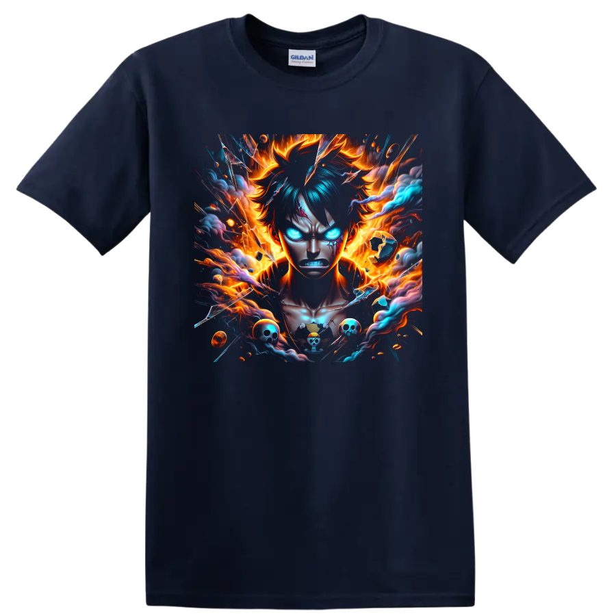 Monkey D. Luffy Gear 5 anime portrait with flames, blue energy, and pirate skulls on a Navy (Blue) T Shirt