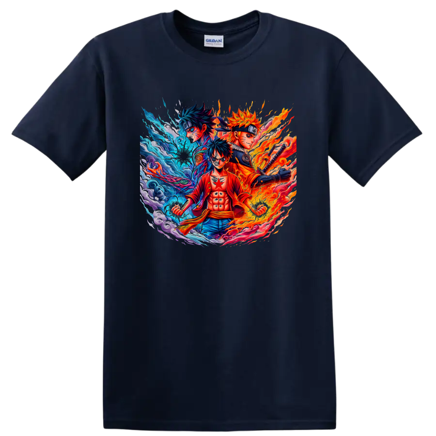 Monkey D. Luffy, Naruto Uzumaki and Sasuke Uchiha in fiery anime energy art on a Navy (Blue) T Shirt