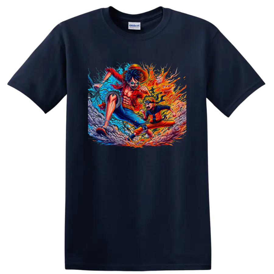 Monkey D. Luffy and Naruto Uzumaki in fiery water anime battle artwork on a Navy (Blue) T Shirt