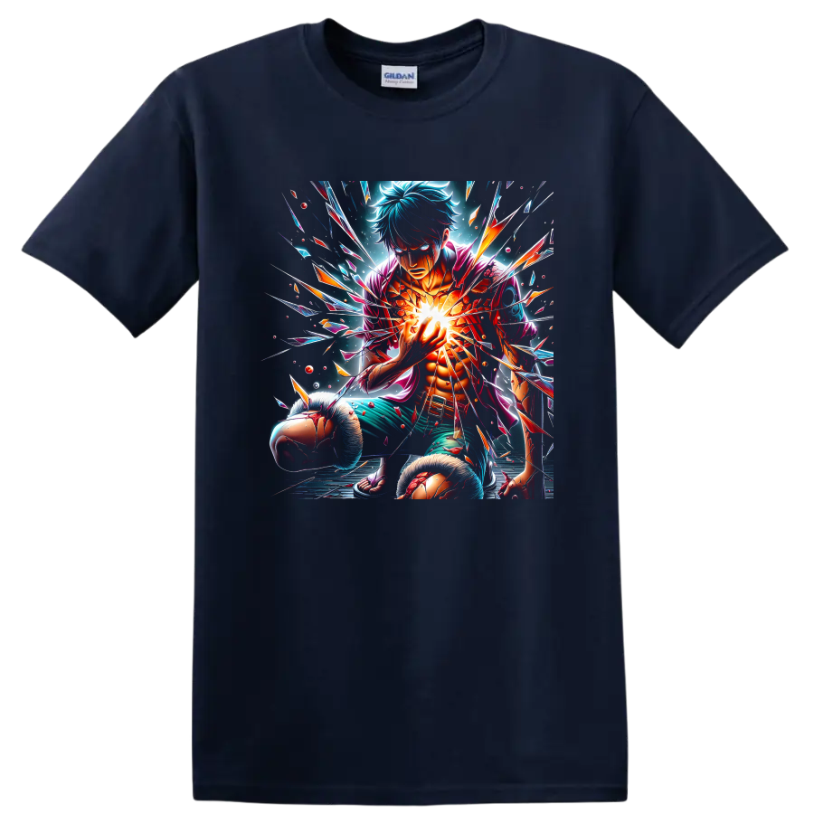 Monkey D. Luffy energy burst with shattered-glass anime action art on a Navy (Blue) T Shirt