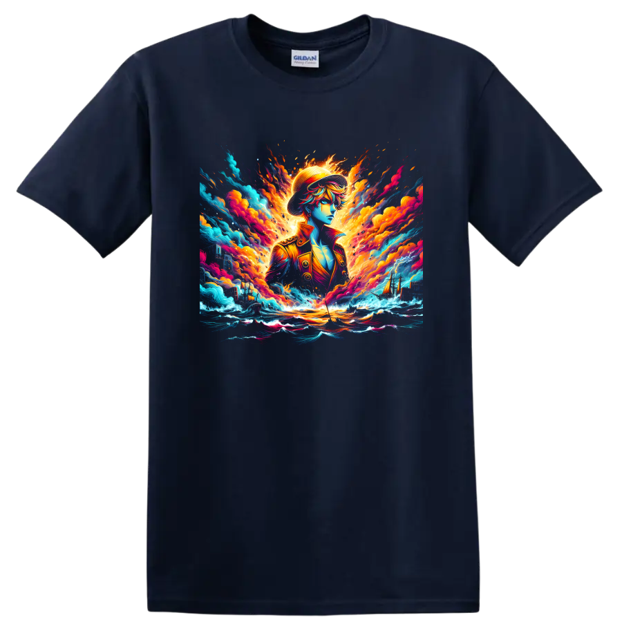 Monkey D. Luffy anime pirate in fiery ocean waves and colorful sailing ship art on a Navy (Blue) T Shirt