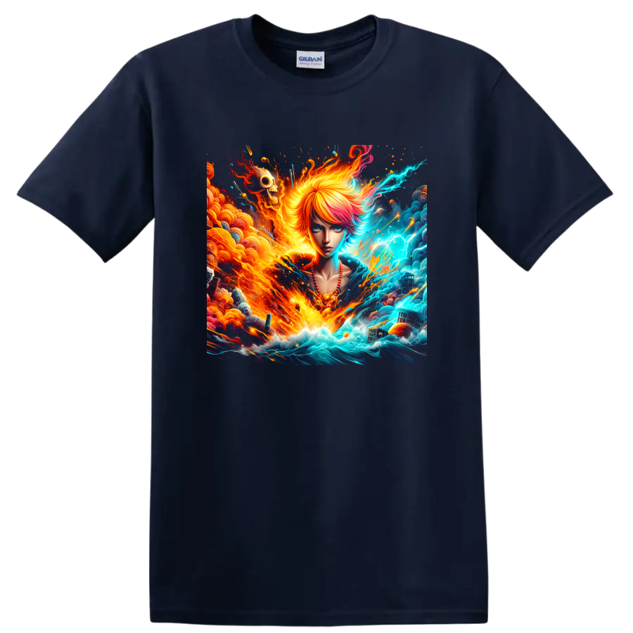 Anime-style fantasy girl with fiery waves, electric ocean energy, and surreal skull art on a Navy (Blue) T Shirt