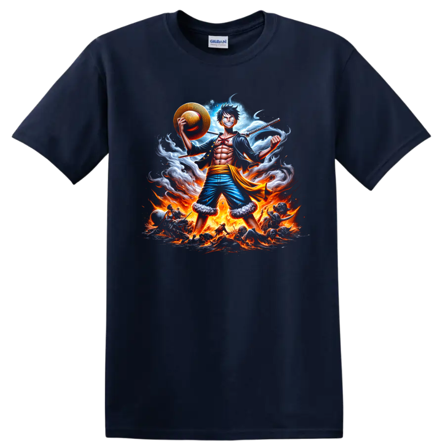 Monkey D. Luffy Gear 5 anime battle art with straw hat, sword, smoke, and flames on a Navy (Blue) T Shirt