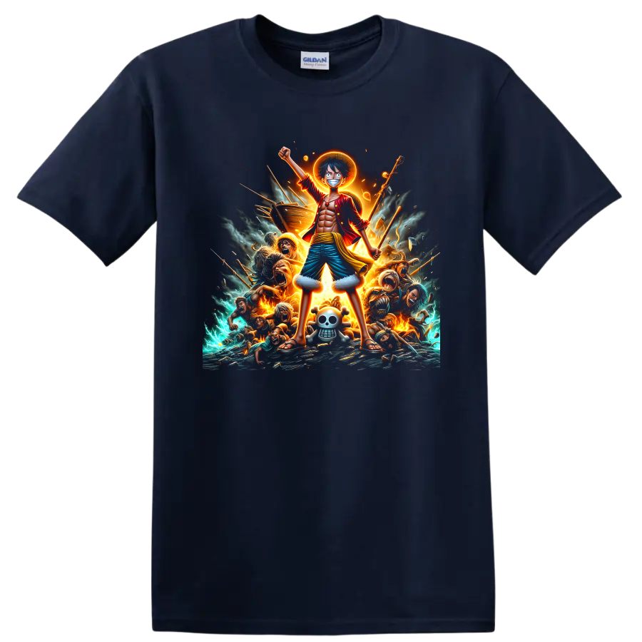 Monkey D. Luffy with a sun halo in a fiery pirate battle anime graphic on a Navy (Blue) T Shirt
