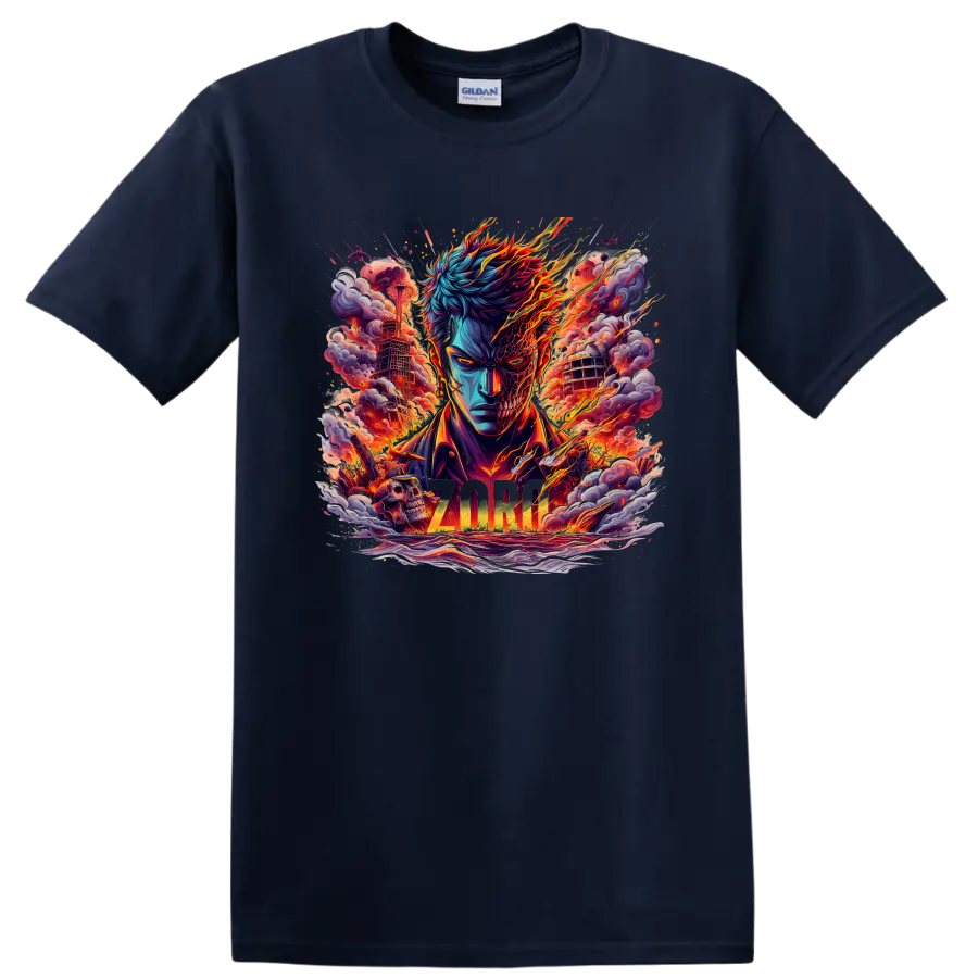 Roronoa Zoro fiery anime swordsman graphic with flames, smoke, swords, and ZORO text on a Navy (Blue) T Shirt