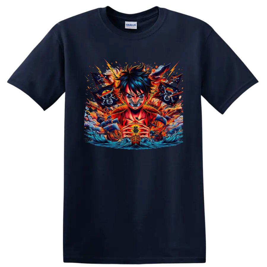 Monkey D. Luffy anime pirate graphic with ships, skull flags, fire, and ocean waves on a Navy (Blue) T Shirt
