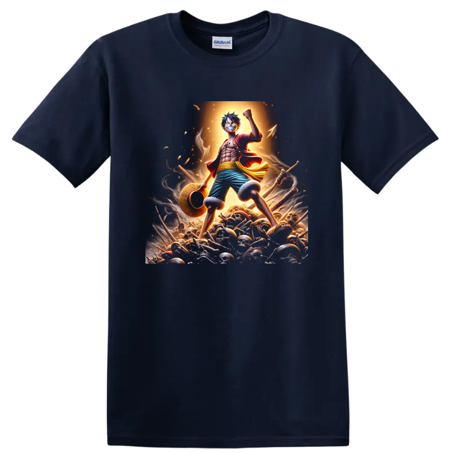 Monkey D. Luffy anime warrior graphic with raised fist, straw hat, swords, and skulls on a Navy (Blue) T Shirt