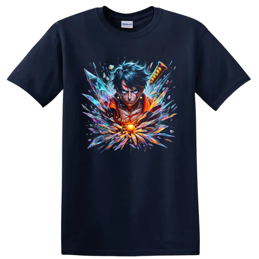 Monkey D. Luffy Gear 5 Sun God Nika anime portrait with explosive crystal shards on a Navy (Blue) T Shirt