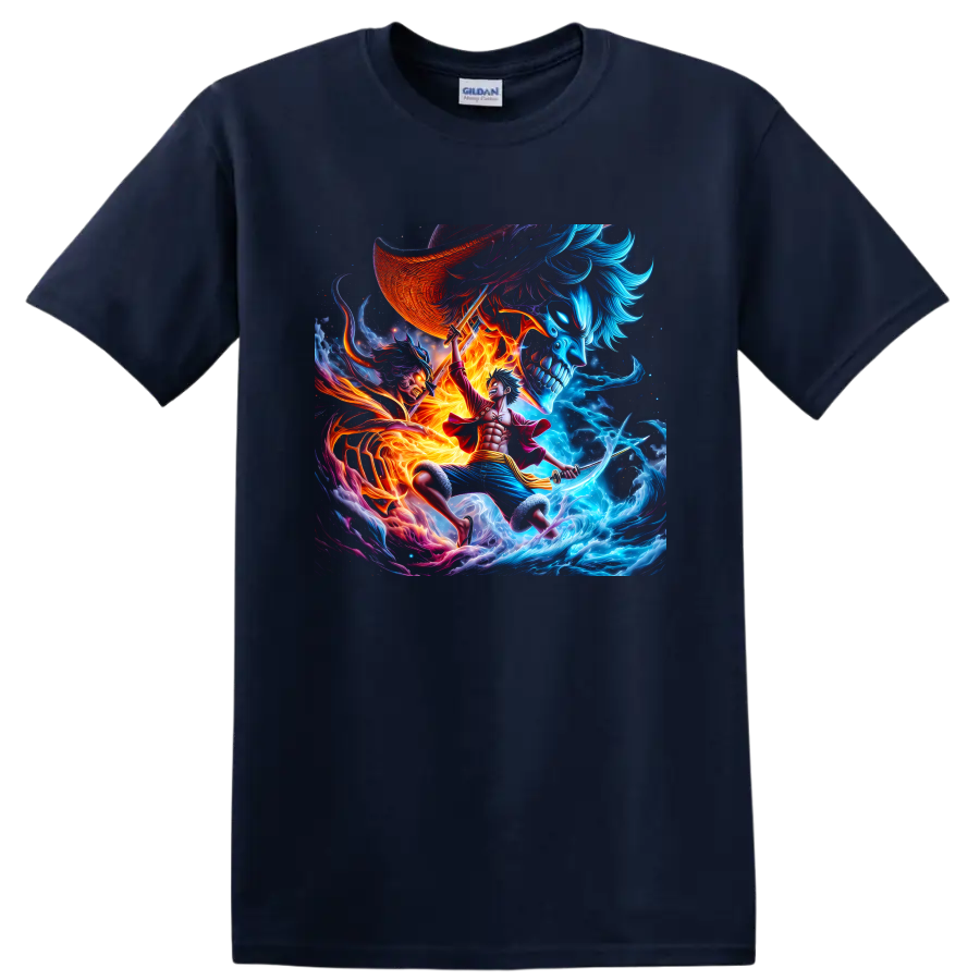 Monkey D. Luffy Gear 5 anime pirate battle graphic with fiery waves and skull imagery on a Navy (Blue) T Shirt