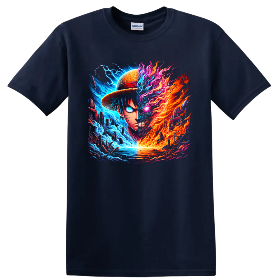 Naruto Uzumaki and Monkey D. Luffy split fire and water anime battle artwork on a Navy (Blue) T Shirt