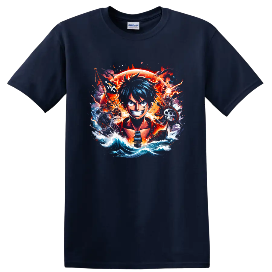 Monkey D. Luffy anime pirate graphic with ship, blazing sun, lightning, and ocean waves on a Navy (Blue) T Shirt