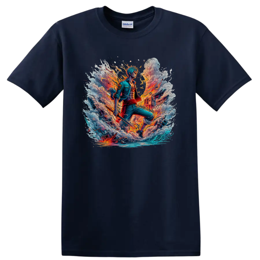 Roronoa Zoro anime swordsman amid fire, storm clouds, ocean waves, and ships on a Navy (Blue) T Shirt