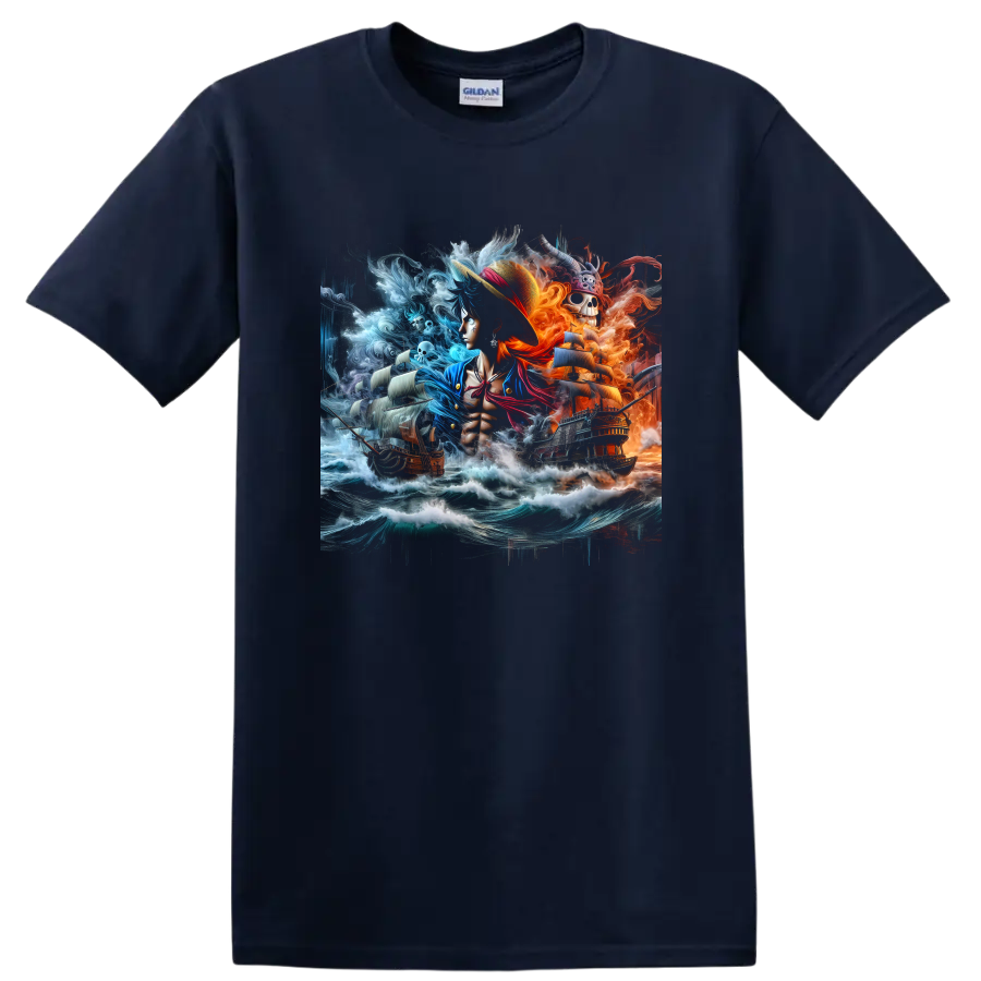 Monkey D. Luffy anime pirate art with storm waves, sailing ships, and fiery skull scene on a Navy (Blue) T Shirt