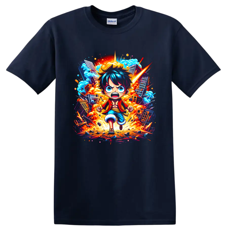 Monkey D. Luffy running through an explosive city in vivid anime action art on a Navy (Blue) T Shirt