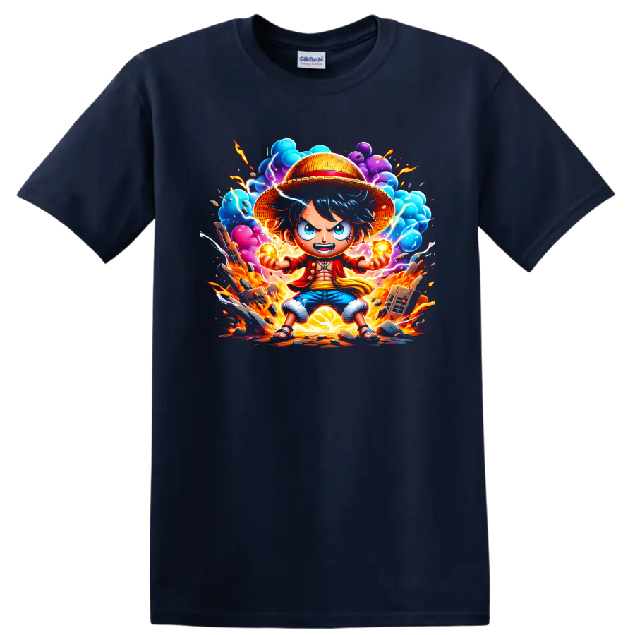 Monkey D. Luffy straw hat anime action graphic with fire, lightning, and colorful clouds on a Navy (Blue) T Shirt