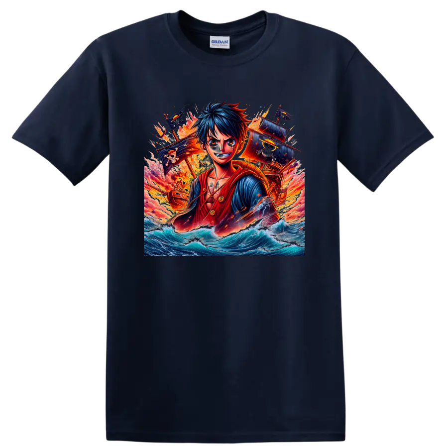 Monkey D. Luffy anime art with pirate ships, Jolly Roger flags, fire, and ocean waves on a Navy (Blue) T Shirt