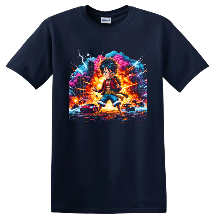 Monkey D. Luffy in explosive city anime art with lightning and fiery clouds on a Navy (Blue) T Shirt