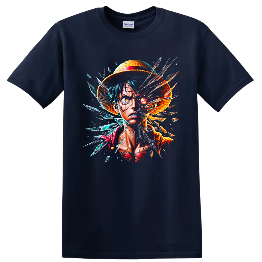 Monkey D. Luffy shattered-glass anime portrait with straw hat and crystal shards on a Navy (Blue) T Shirt