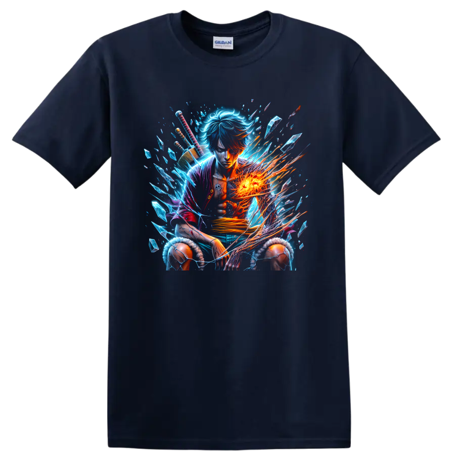 Sanji-inspired anime warrior graphic with blue crystals and blazing fire energy on a Navy (Blue) T Shirt