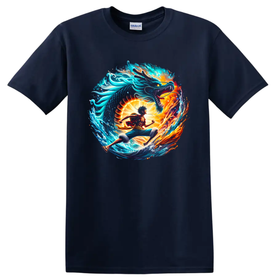 Monkey D. Luffy and Kaido dragon battle in vibrant ocean and fire anime art on a Navy (Blue) T Shirt