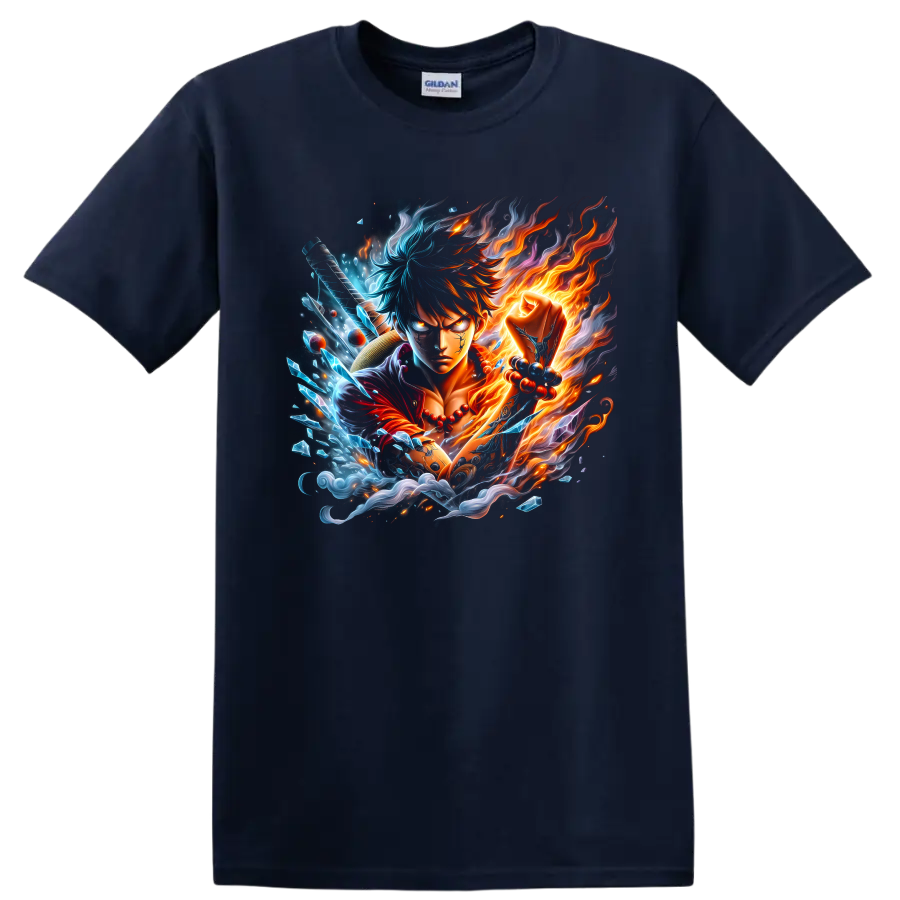 Monkey D. Luffy Gear 5 anime warrior with fiery and icy elemental action art on a Navy (Blue) T Shirt