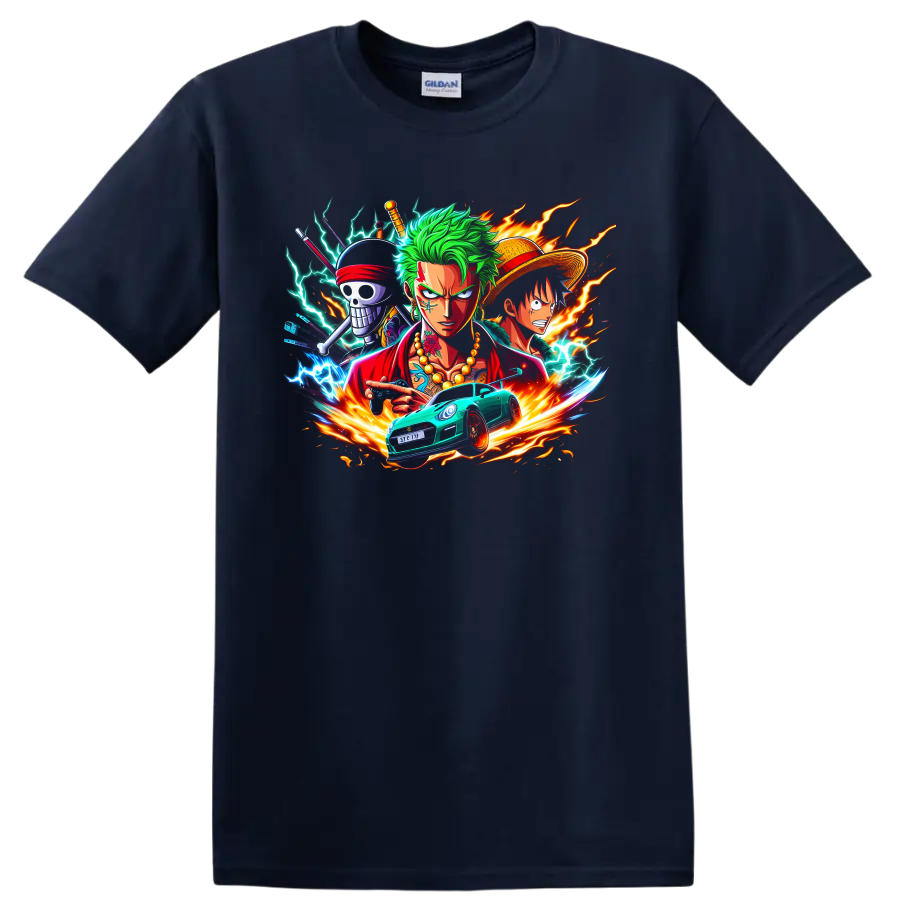 Roronoa Zoro and Monkey D. Luffy anime action graphic with lightning and race car on a Navy (Blue) T Shirt
