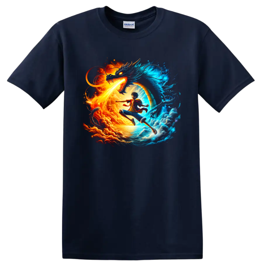 Monkey D. Luffy and Kaido One Piece fire and blue dragon battle graphic on a Navy (Blue) T Shirt