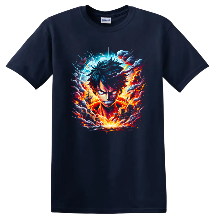 Monkey D. Luffy Bajrang Gun anime graphic with lightning, clouds, and fiery energy on a Navy (Blue) T Shirt