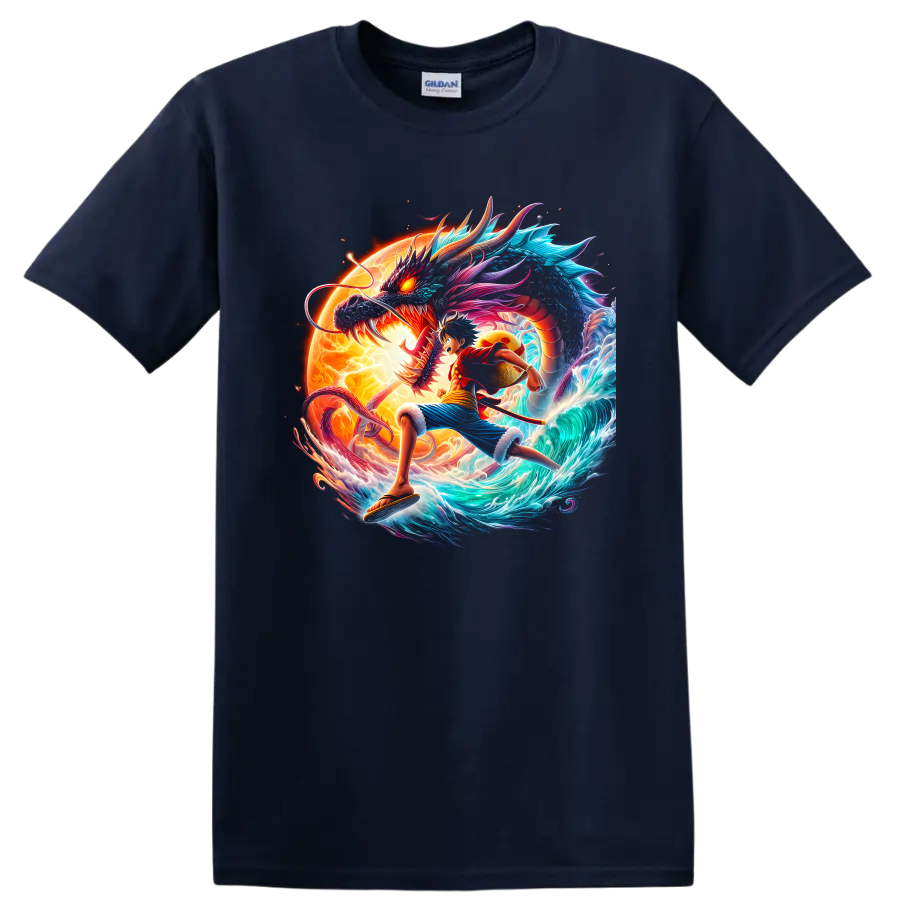 Monkey D. Luffy Gear 5 anime art with a dragon, glowing sun, and ocean waves on a Navy (Blue) T Shirt