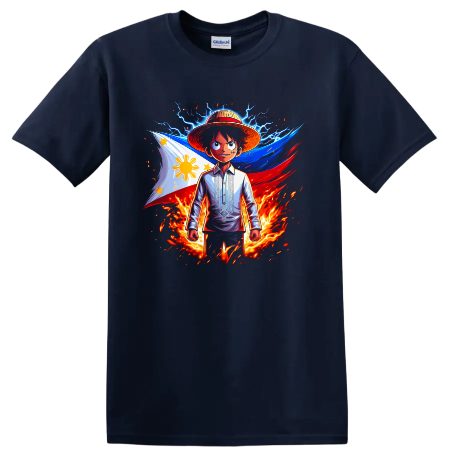 Monkey D. Luffy with Philippine flag, lightning, flames, and dynamic anime art on a Navy (Blue) T Shirt