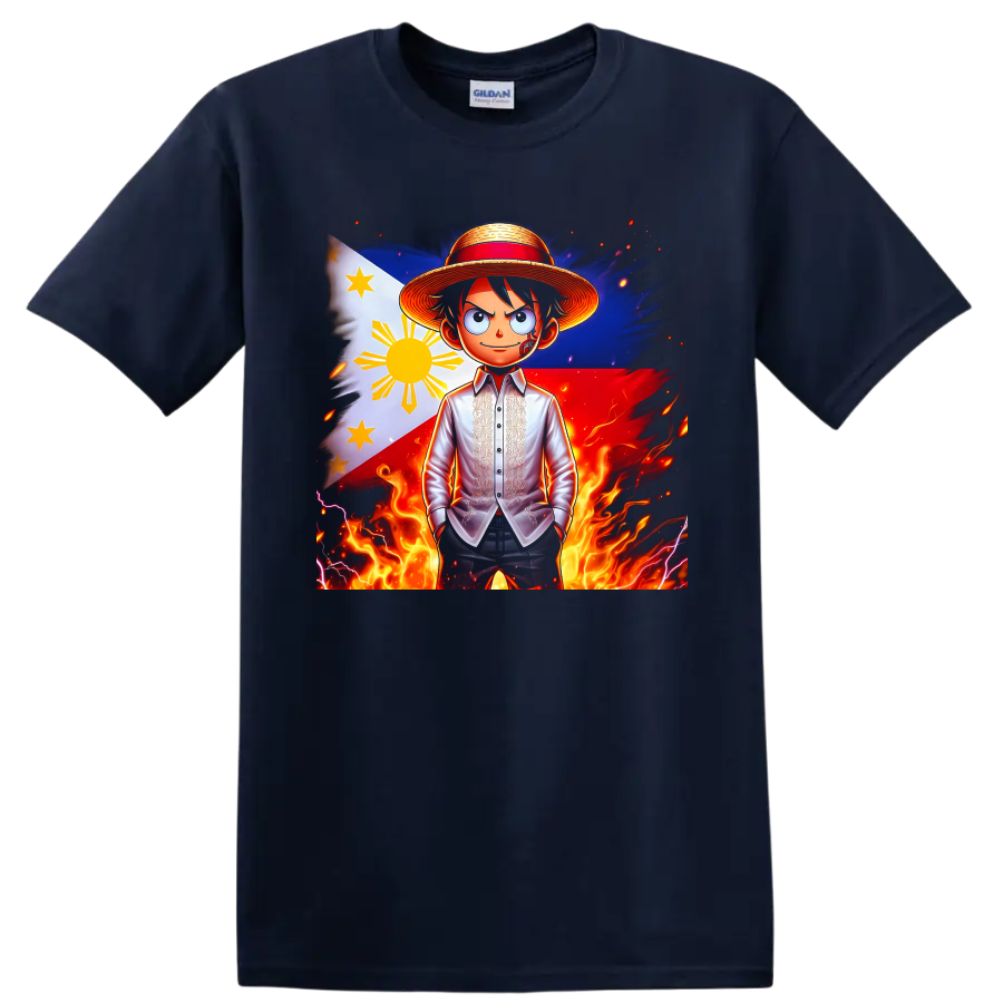 Monkey D. Luffy anime portrait with Philippine flag, straw hat, flames, and lightning on a Navy (Blue) T Shirt
