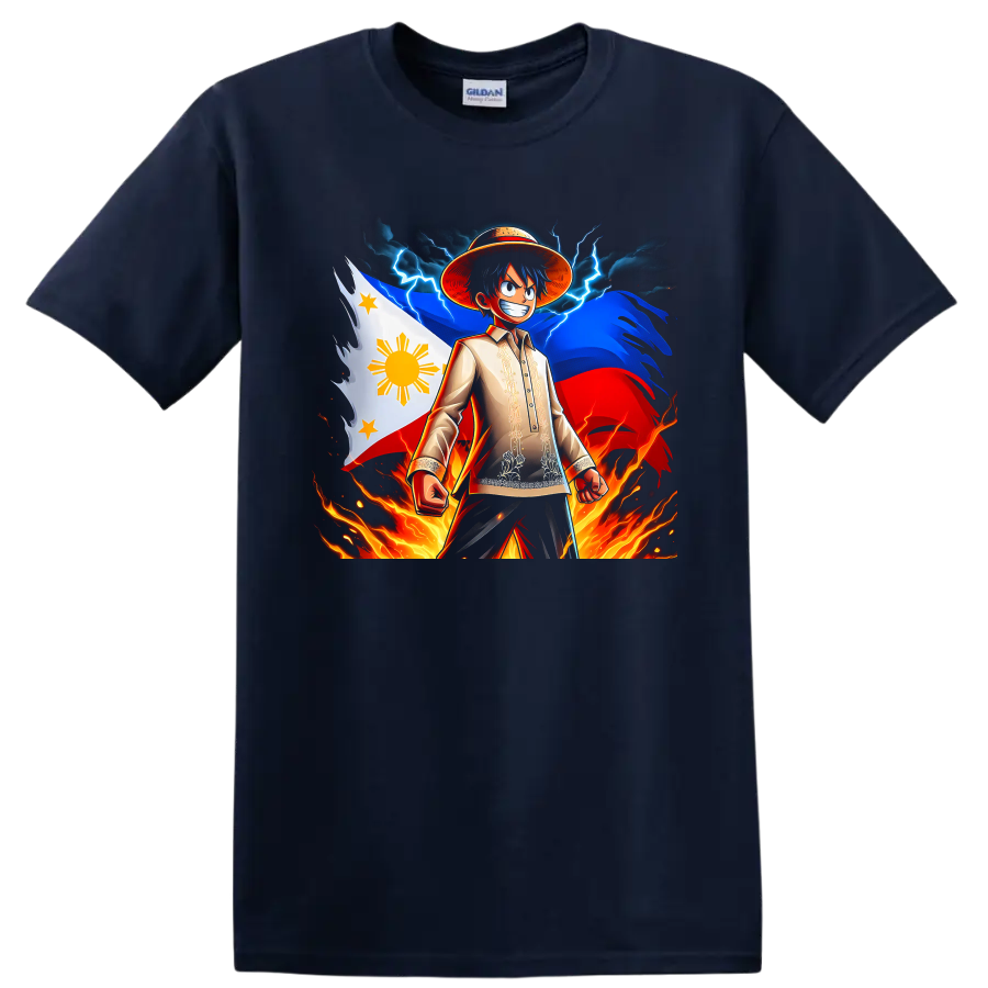 Monkey D. Luffy anime art with Philippine flag, lightning, storm clouds, and flames on a Navy (Blue) T Shirt