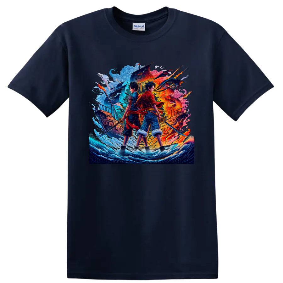 One Piece Luffy and Zoro anime-style pirate swordsmen with ships and ocean waves on a Navy (Blue) T Shirt
