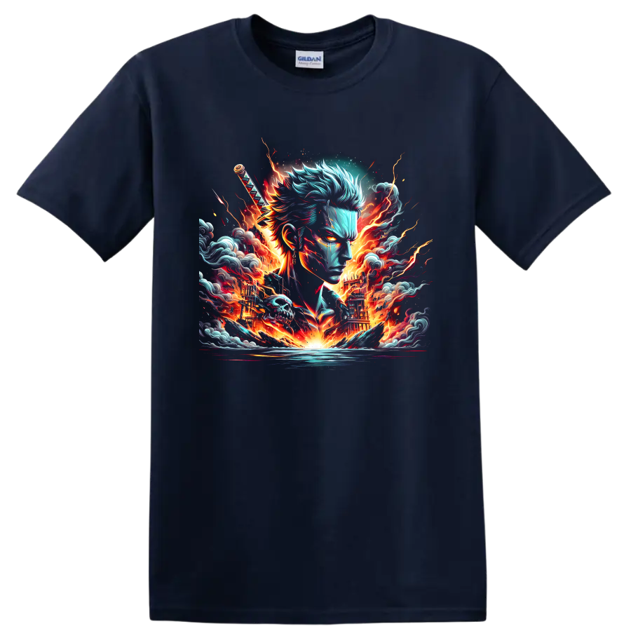 Roronoa Zoro anime swordsman portrait with katana, flames, waves, and lightning on a Navy (Blue) T Shirt