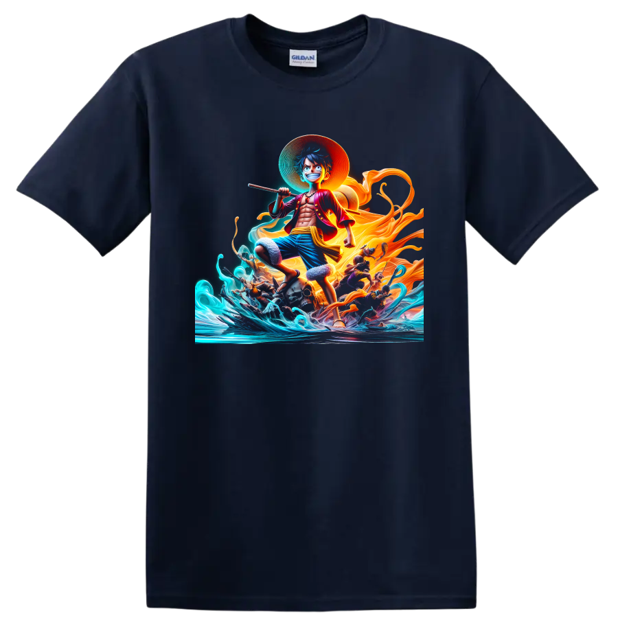Monkey D. Luffy One Piece anime art with ocean waves and swirling golden energy on a Navy (Blue) T Shirt