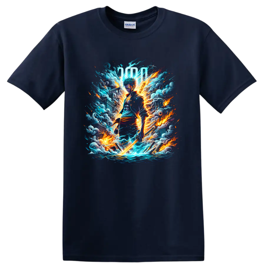 Roronoa Zoro three-sword anime warrior with fiery waves and electric action art on a Navy (Blue) T Shirt