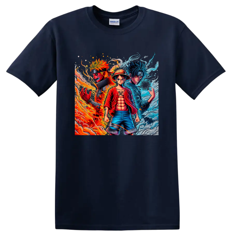 Naruto, Luffy, and Sasuke anime character art with fiery and icy energy on a Navy (Blue) T Shirt