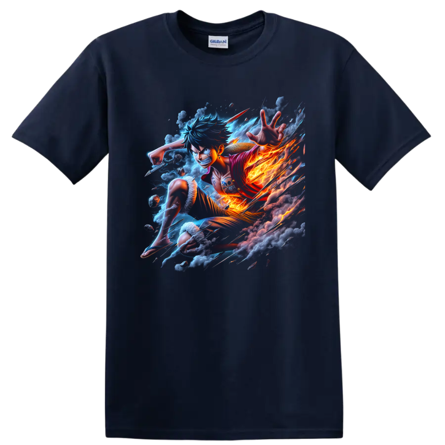Monkey D. Luffy in fiery anime action with storm clouds and straw hat on a Navy (Blue) T Shirt