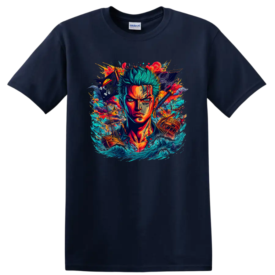 Roronoa Zoro anime portrait with pirate ships, katana, waves, and fiery battle effects on a Navy (Blue) T Shirt
