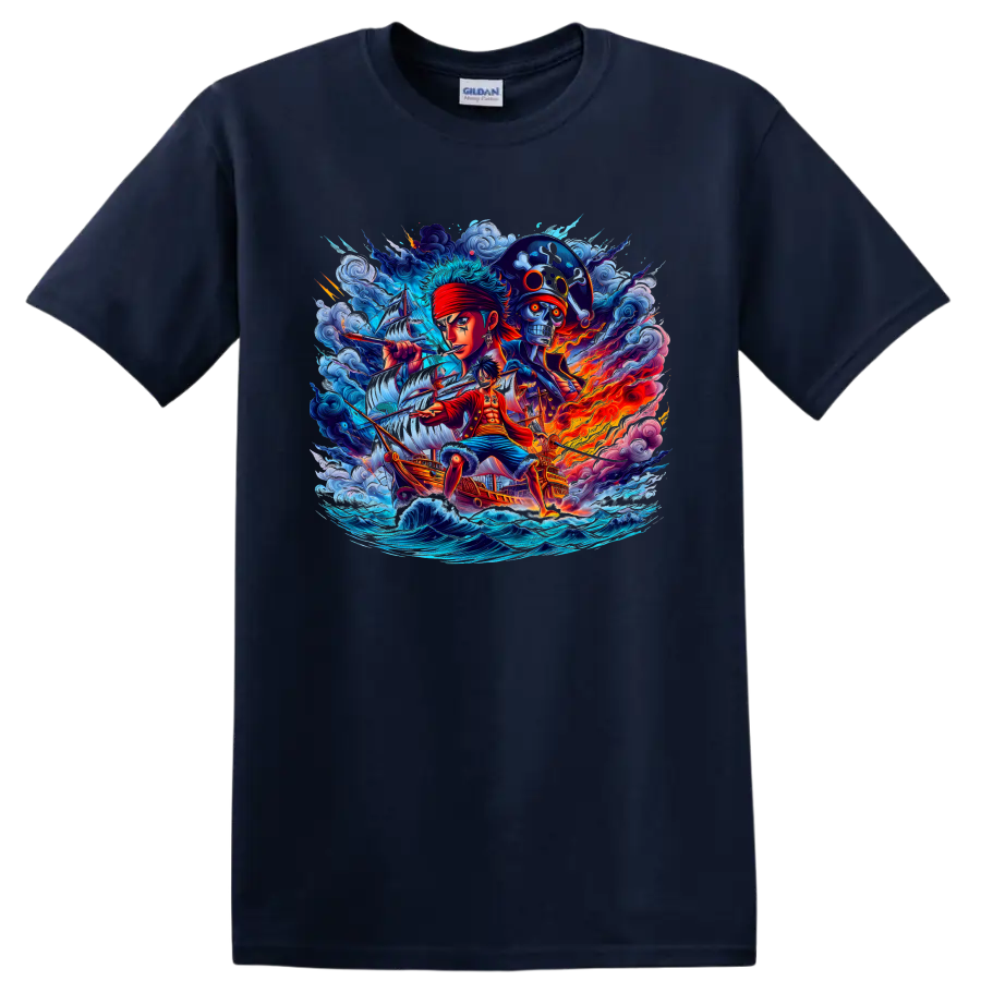 Monkey D. Luffy and Roronoa Zoro One Piece pirate adventure graphic on a Navy (Blue) T Shirt