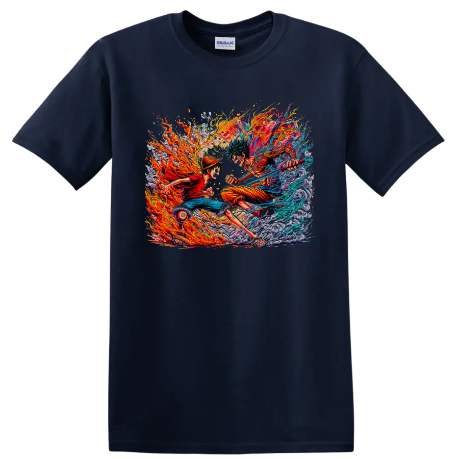 Monkey D. Luffy and Roronoa Zoro in explosive fire and water anime battle art on a Navy (Blue) T Shirt
