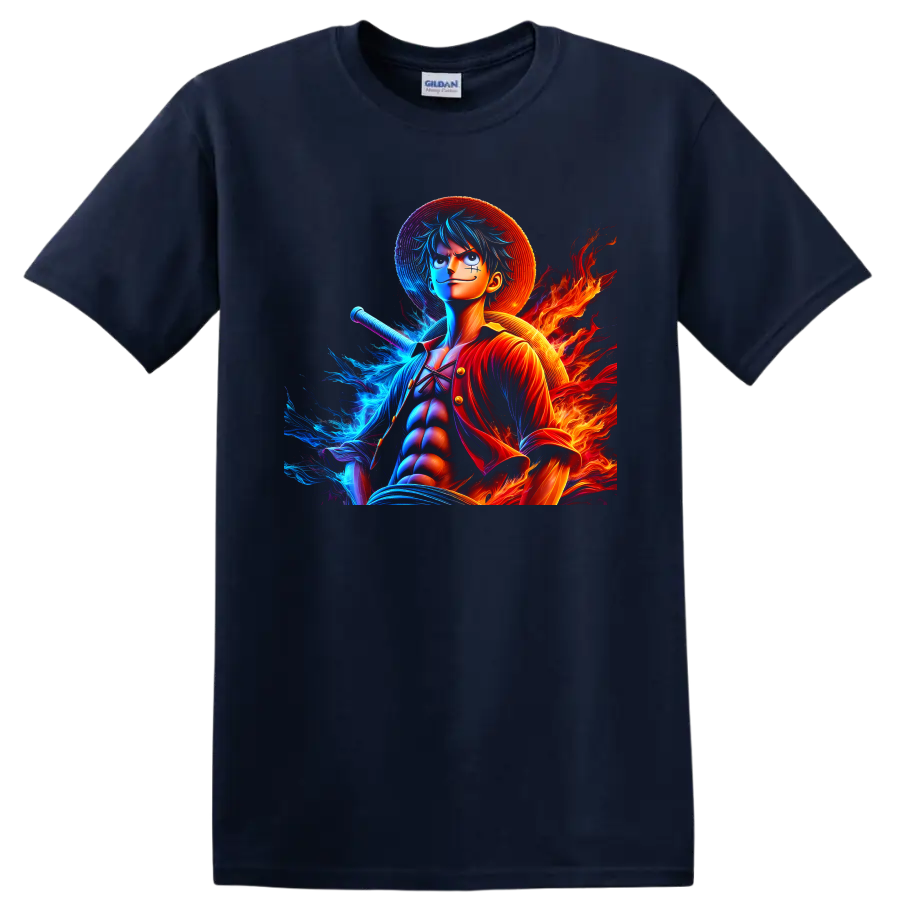 Monkey D. Luffy anime warrior graphic with straw hat, blue water energy, and flames on a Navy (Blue) T Shirt