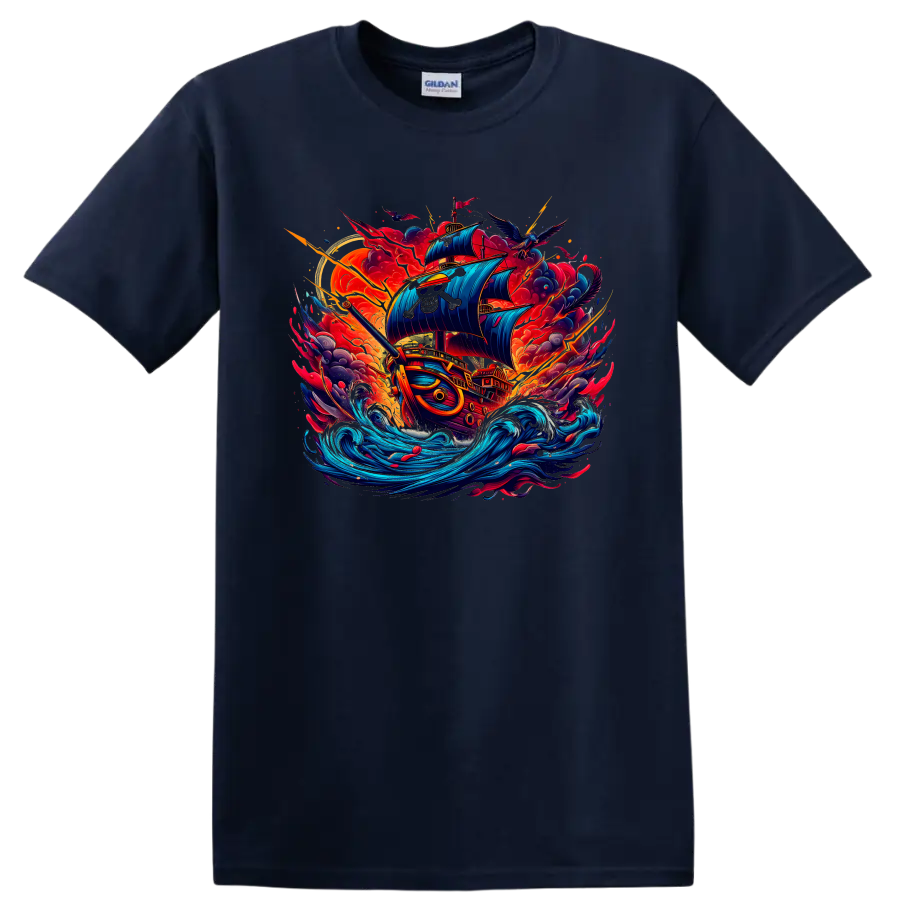 Thousand Sunny pirate ship in dynamic anime-style ocean storm artwork on a Navy (Blue) T Shirt