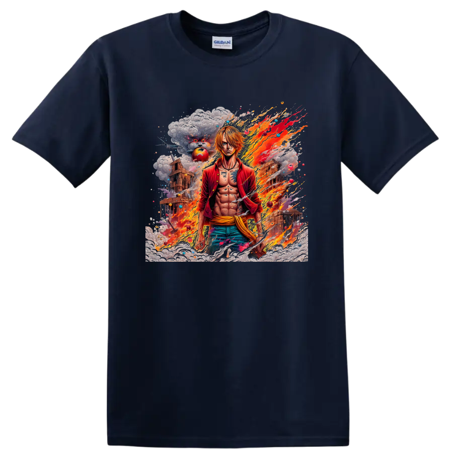 Sanji anime character in fiery action graphic with smoke and detailed scenery on a Navy (Blue) T Shirt
