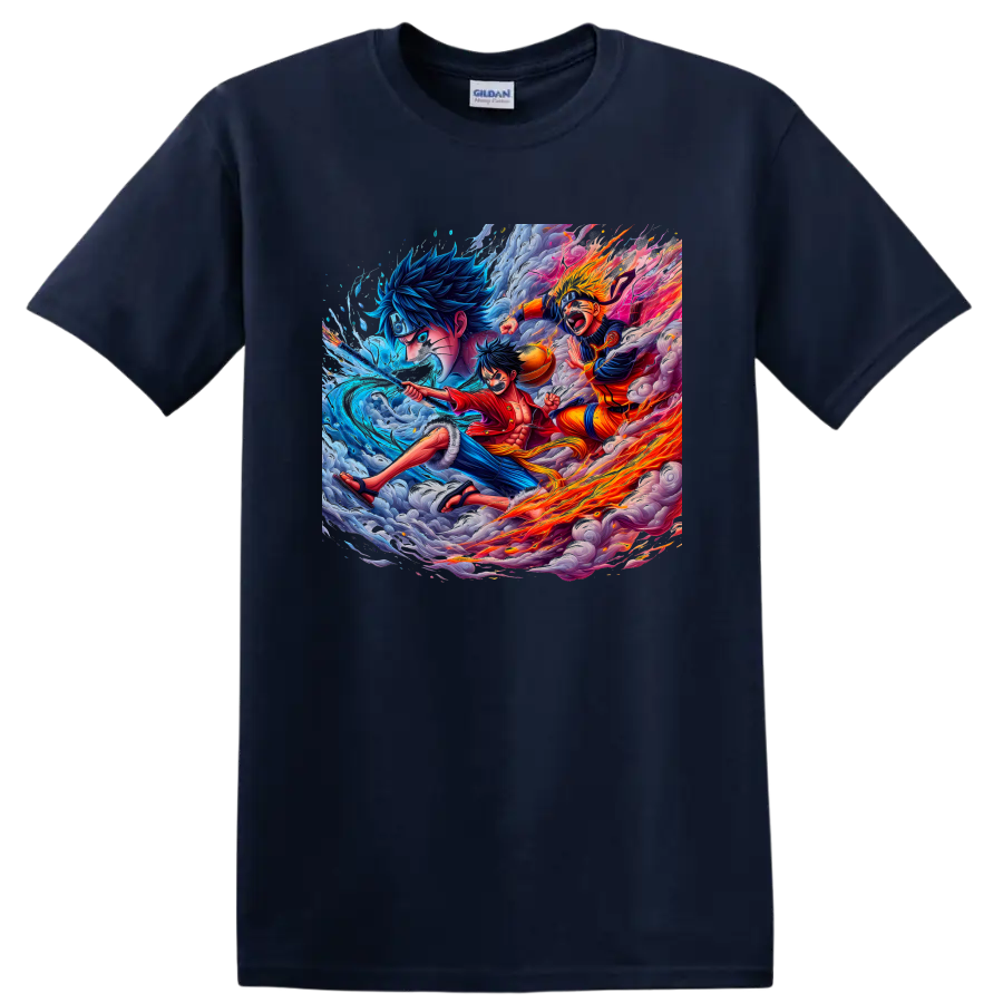 Monkey D. Luffy and Naruto Uzumaki anime action art with water, fire, and storm clouds on a Navy (Blue) T Shirt